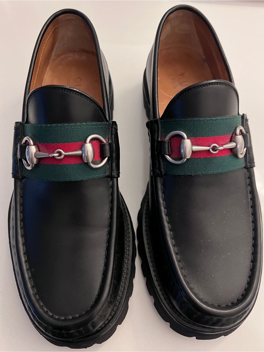 Gucci Black Leather Horsebit Web Lug Sole Loafers -Size 6